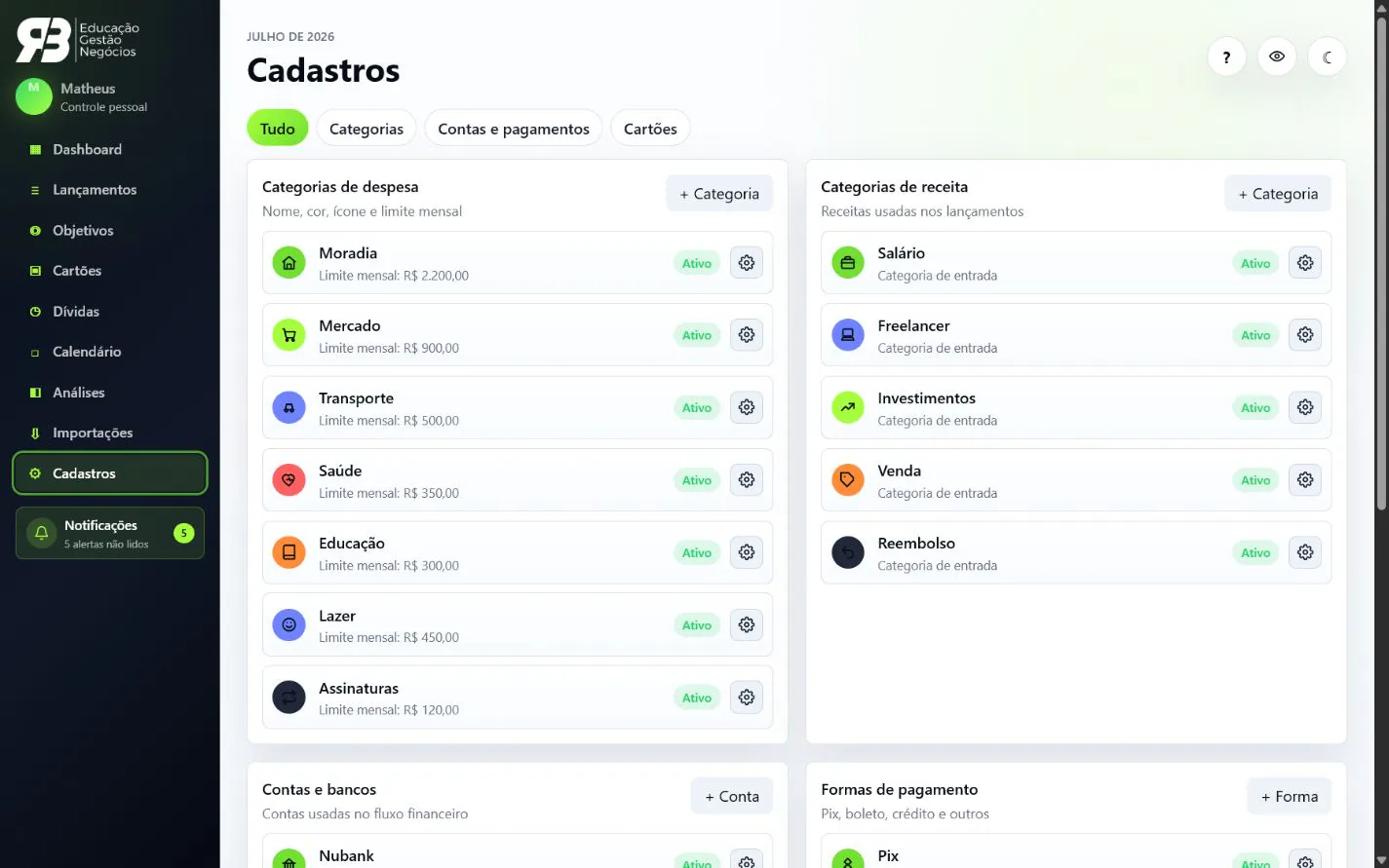 Tela de personalização de categorias, contas e formas de pagamento