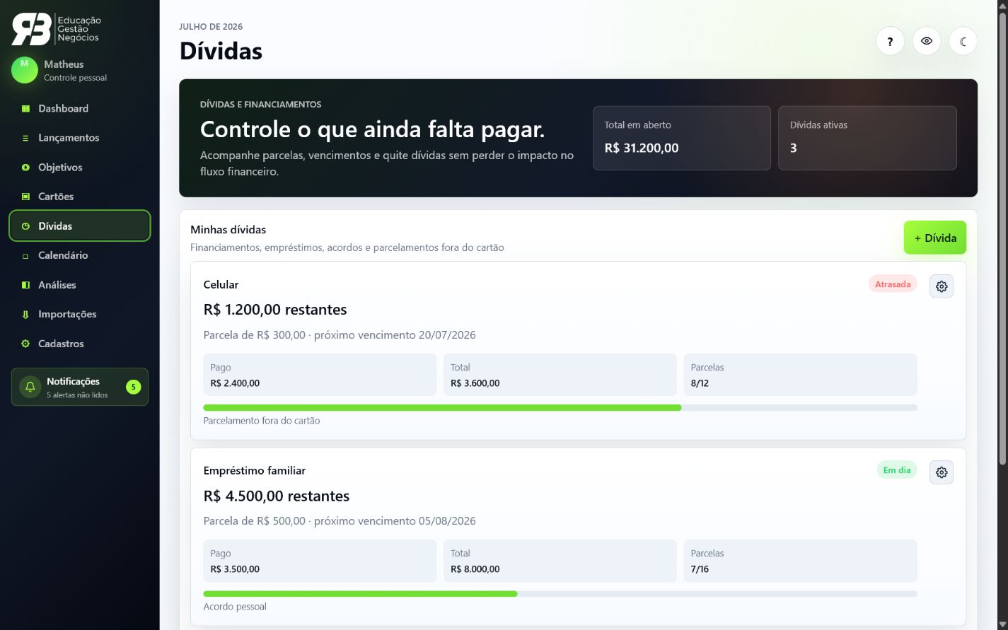 Tela de dívidas e financiamentos com parcelas e saldo restante