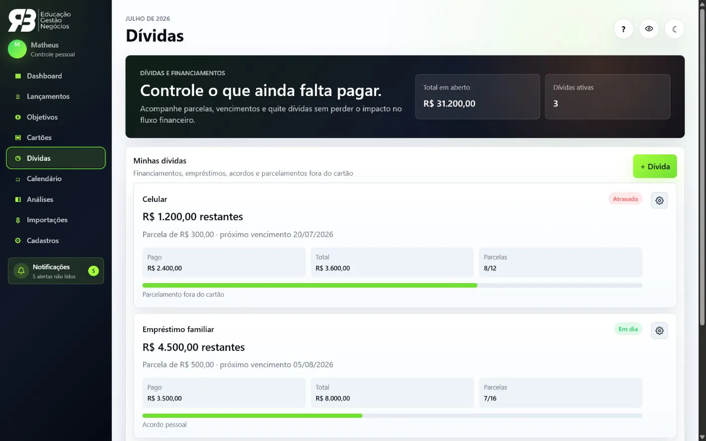 Tela de acompanhamento de parcelas e compromissos existentes com saldo restante