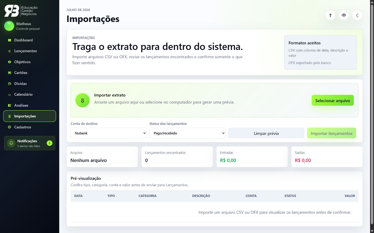 Tela de importação de extratos CSV e OFX