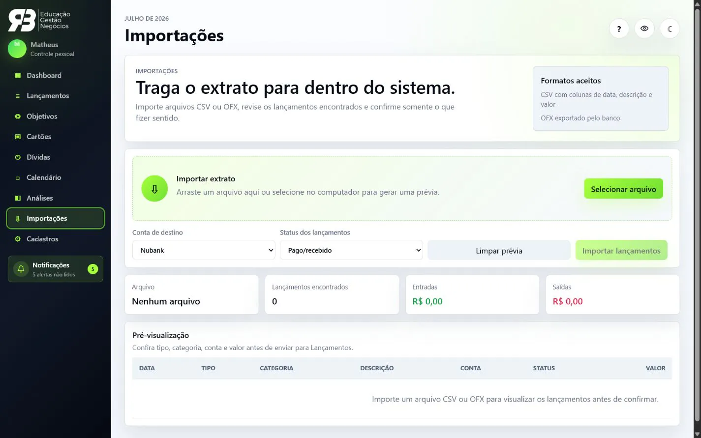 Tela de importação de extratos CSV e OFX